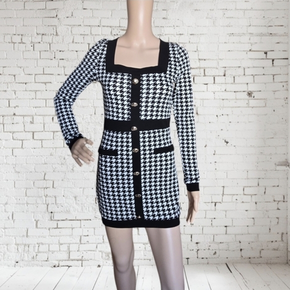 ​✨ SHEIN Black & White Houndstooth Mini Bodycon Dress - Small - Picture 3 of 9